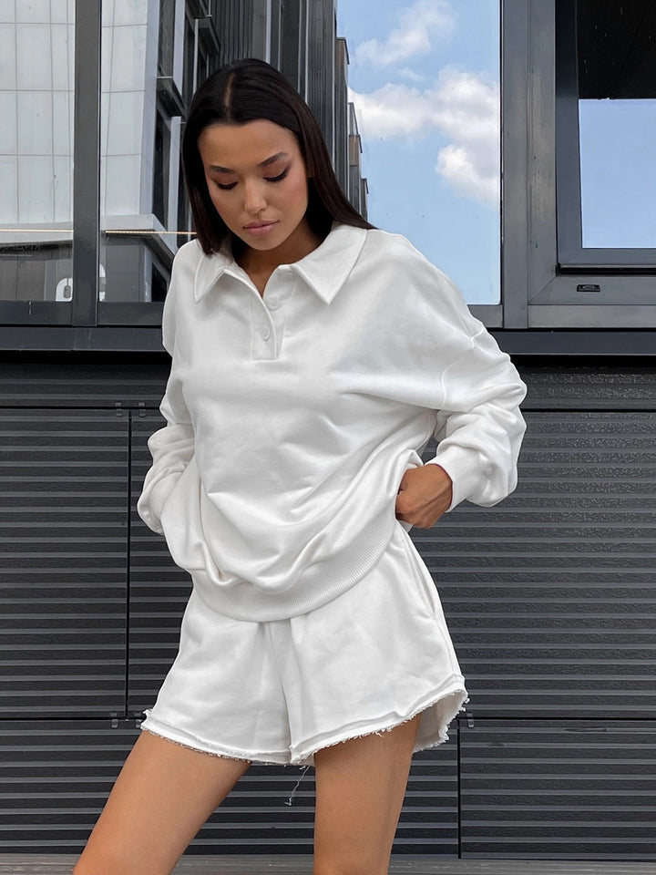Kvinders casual sweatshirt og shorts sæt med flisede kanter Skovae
