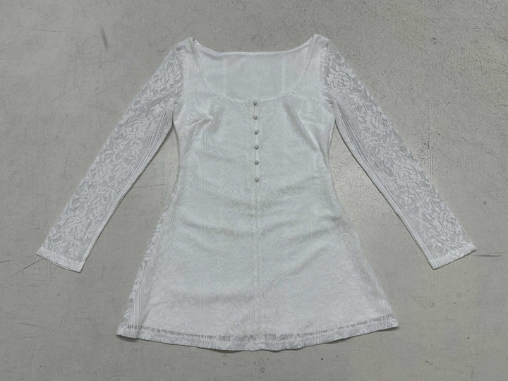 Damen elegantes Kleid mit Spitzenärmeln und Knopfdetails Skovae