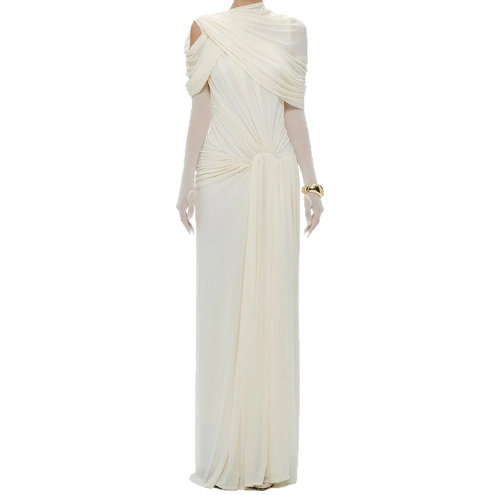 Dame elegant maxikjole med innovative draperingsdetaljer og asymmetrisk overdel Skovae