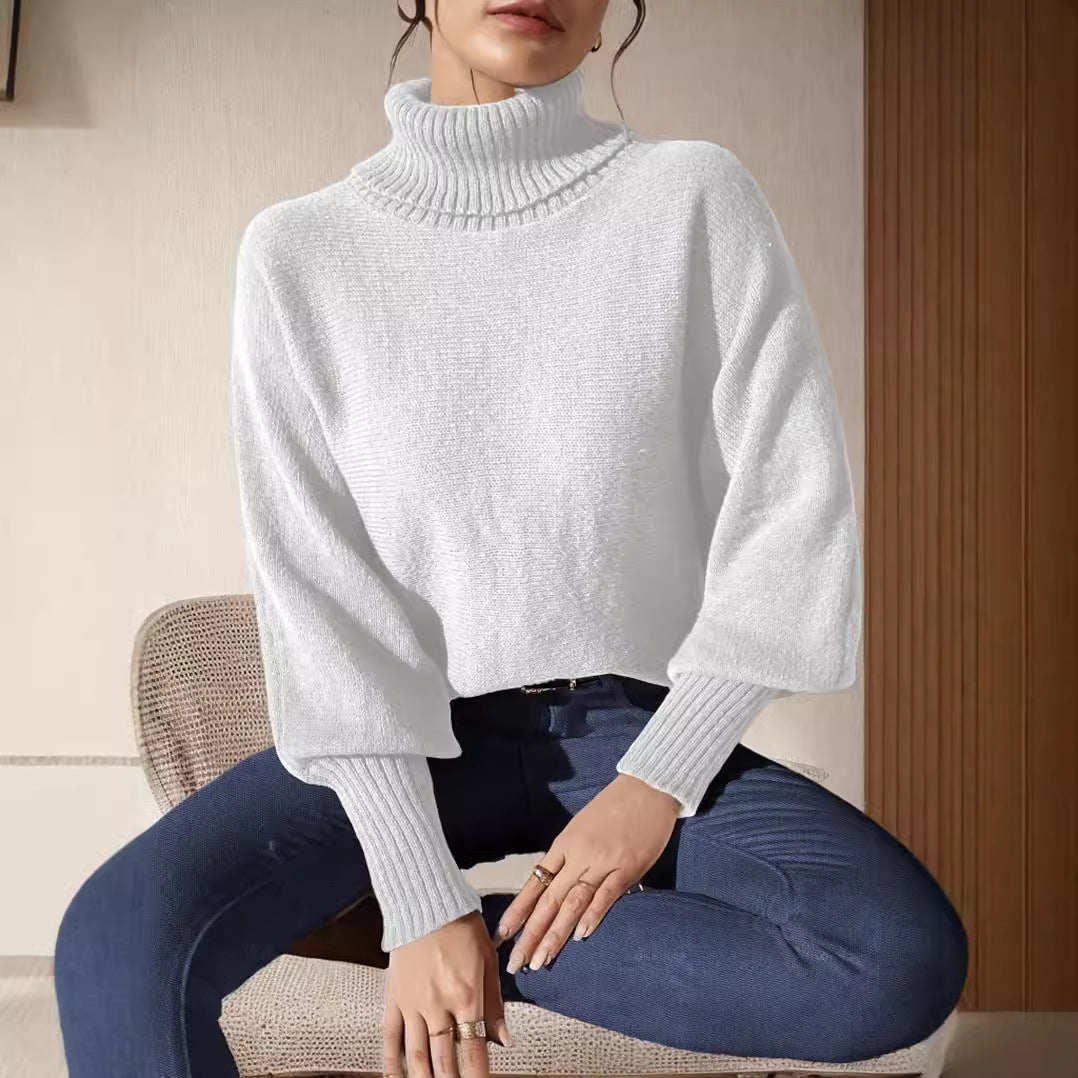 Kvinders afslappede turtleneck sweater med voluminøse ærmer og fint strikket mønster Stilla