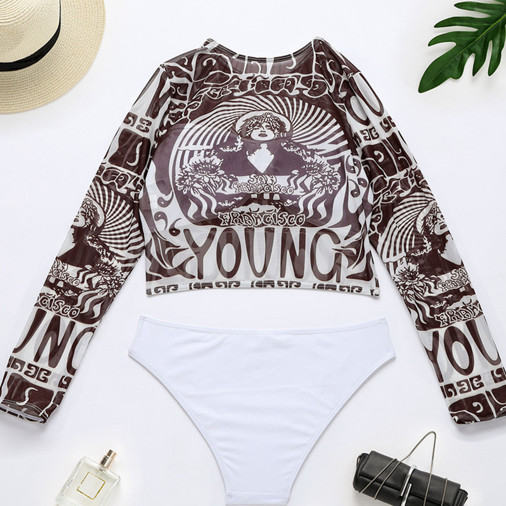 Dame Sporty Crop-Top med lange ærmer og elegant print Skovae
