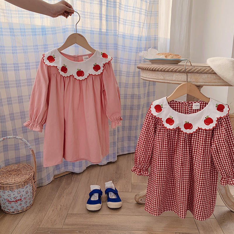 Pige Gingham Rude Kjole med legesyg Æble Broderi Stilla
