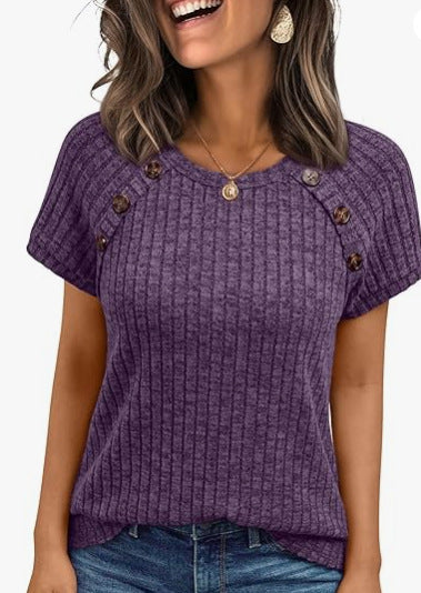 Dame afslappet ribstrik T-shirt med knapper Skovae