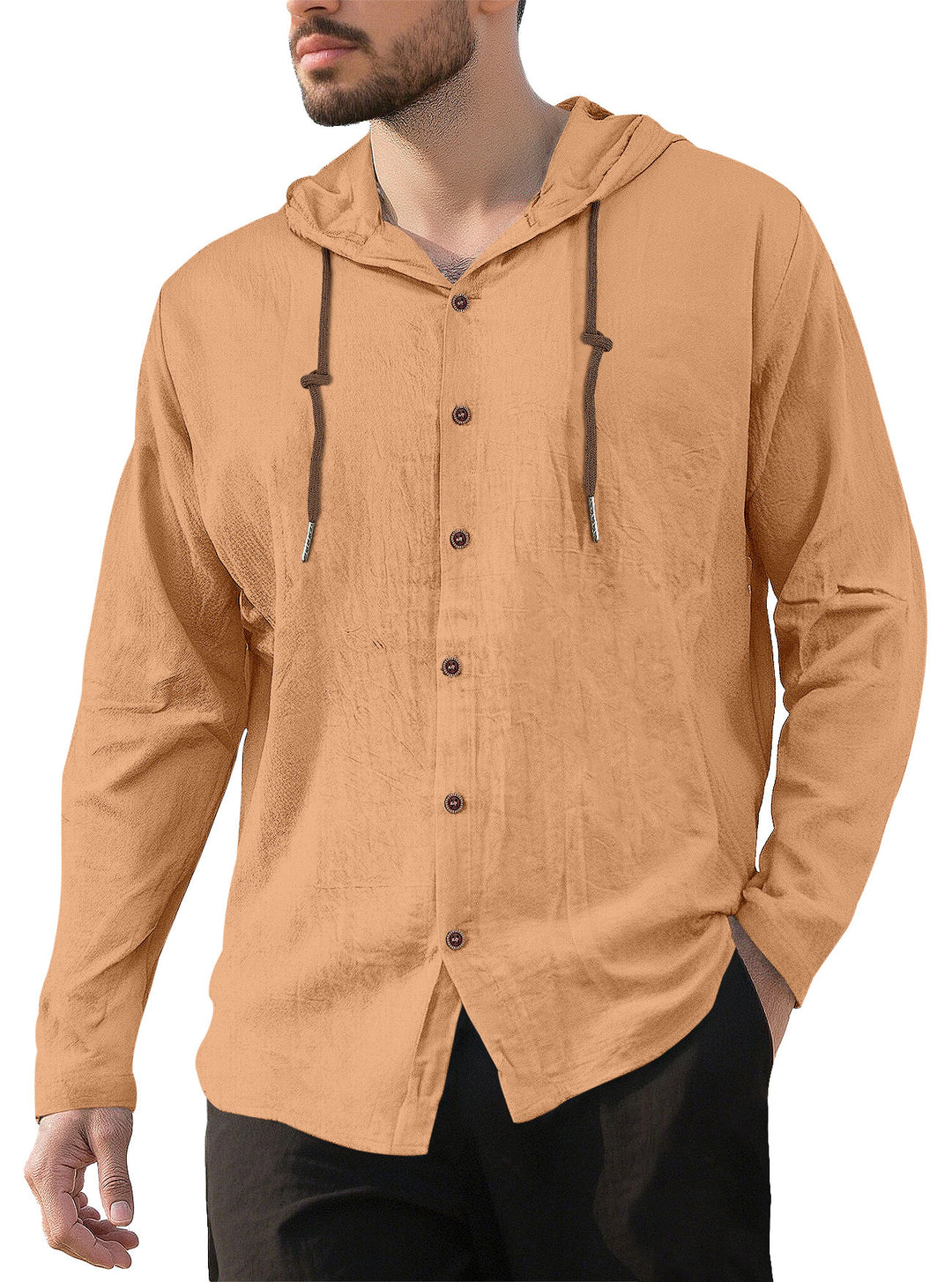 Herrer nan tekstureret linnedblandings-hoodie med gennemgående knoplukning, træknapper og sidespalter Skovae