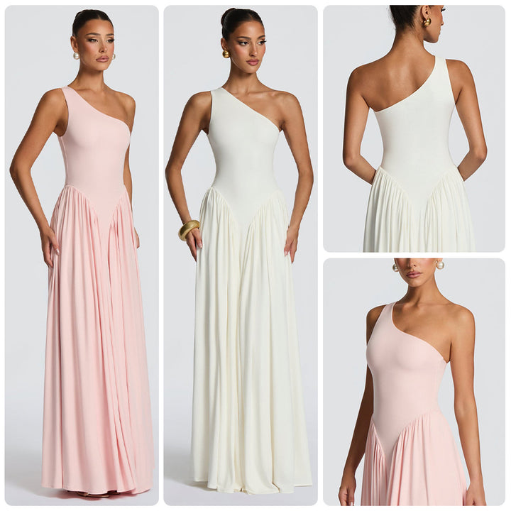 Kvindelige elegante asymmetrisk maxi kjoler med flydende nederdel og fine draperingsdetaljer Skovae