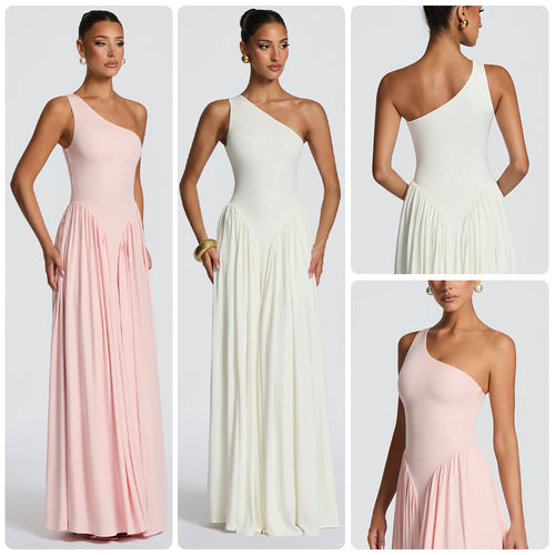 Kvindelige elegante asymmetrisk maxi kjoler med flydende nederdel og fine draperingsdetaljer Skovae