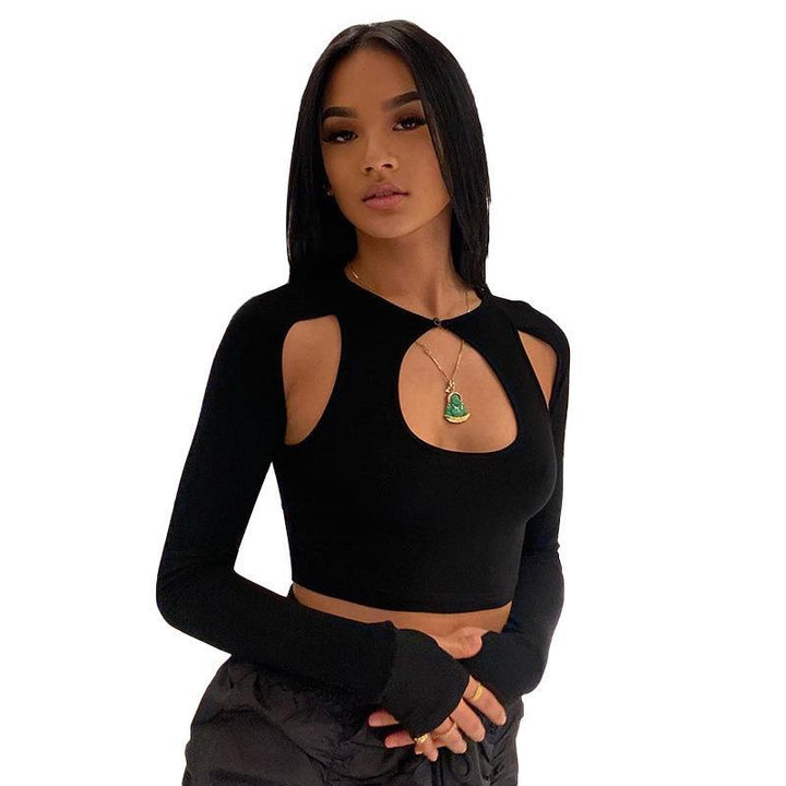 Dame Crop-Top med cut-outs og lange ærmer Skovae