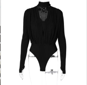 Dame Elegant Langærmet Bodysuit med højtstående Krave og gennemsigtig Indsats Stilla