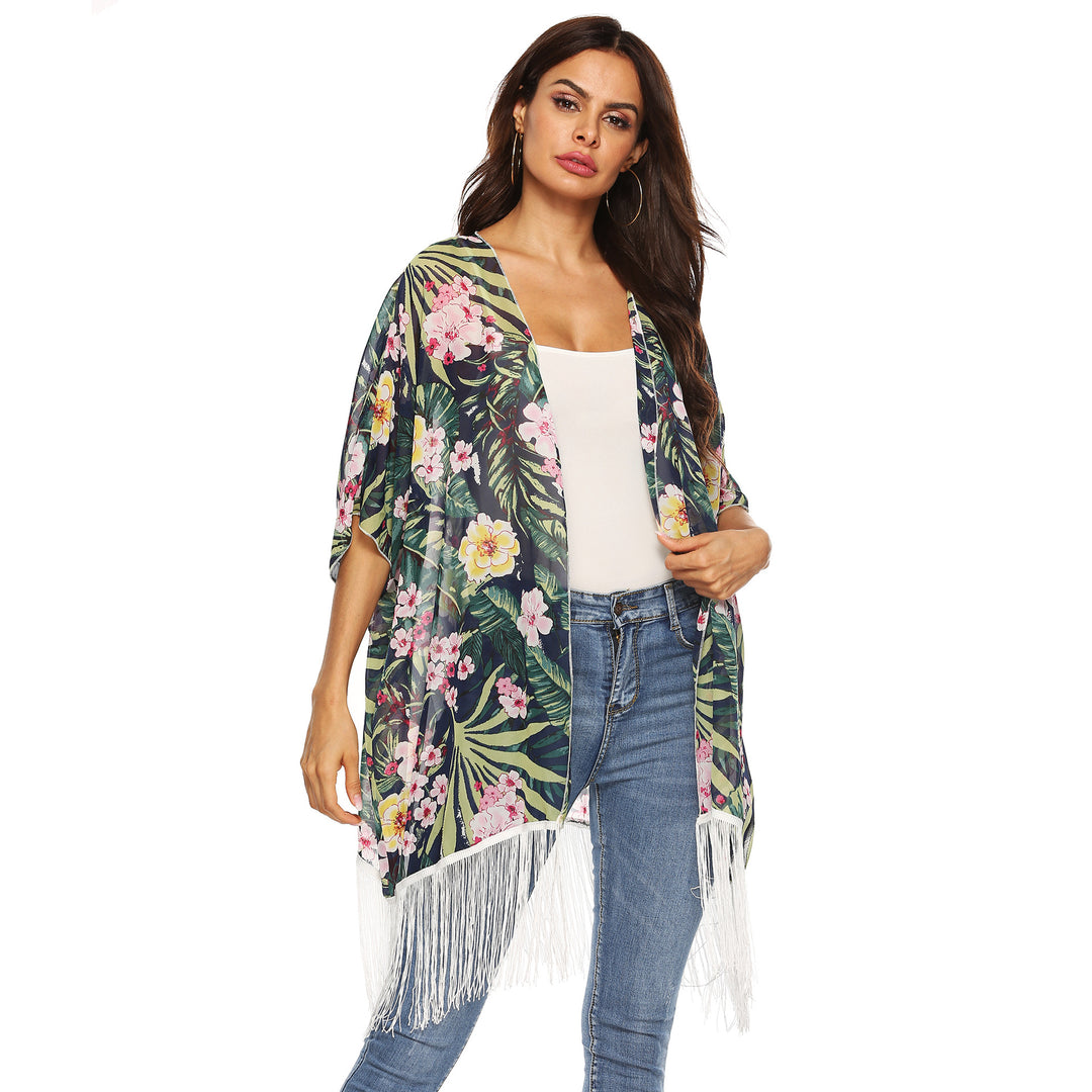 Dame kimono med blomsterdesign og frynser Skovae