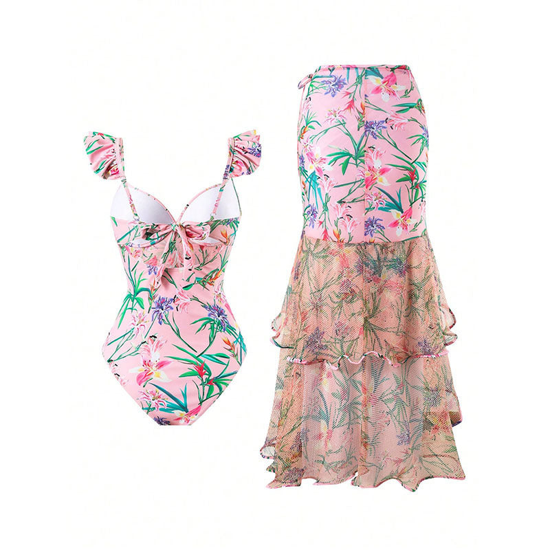 Dame One-Piece Badedragt med blomstrede volanger og matchende omslagsrulle Skovae