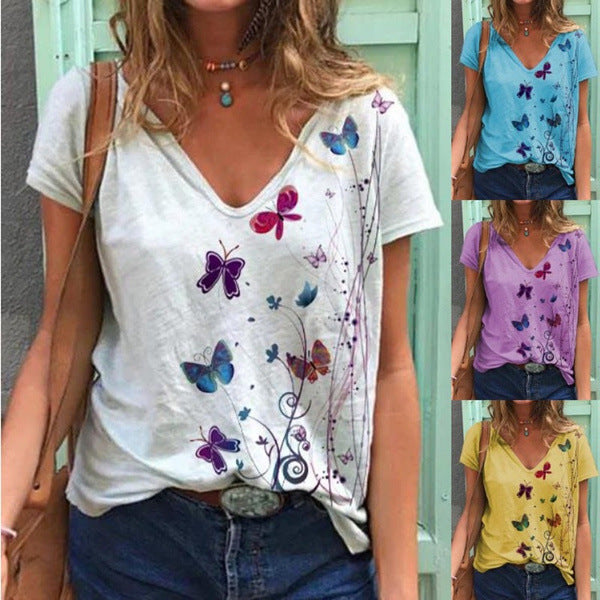 Dame V-hals sommerfugl tryk T-shirt Stilla