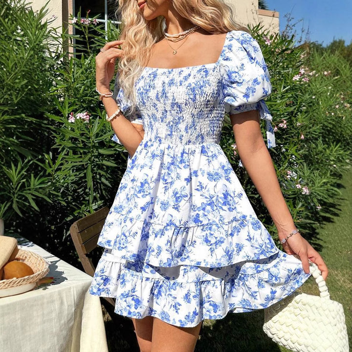 Dame blomsterprint rynket mini kjole Stilla