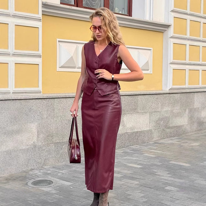 Dame forretnings-tøj sæt med figursyet vest og elegant blyantskirts-optik Stilla