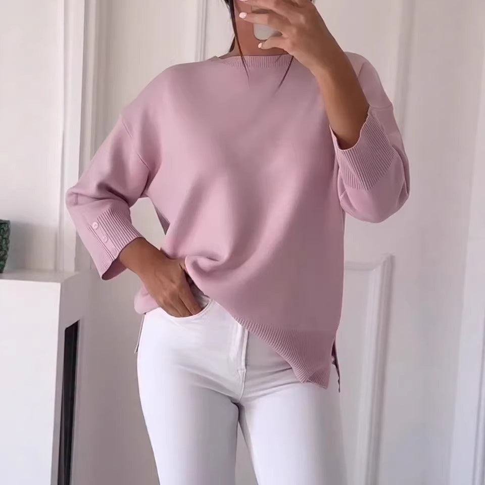 Kvindernes Casual Oversized Sweater med Asymmetrisk Snit og Knapdetaljer Skovae