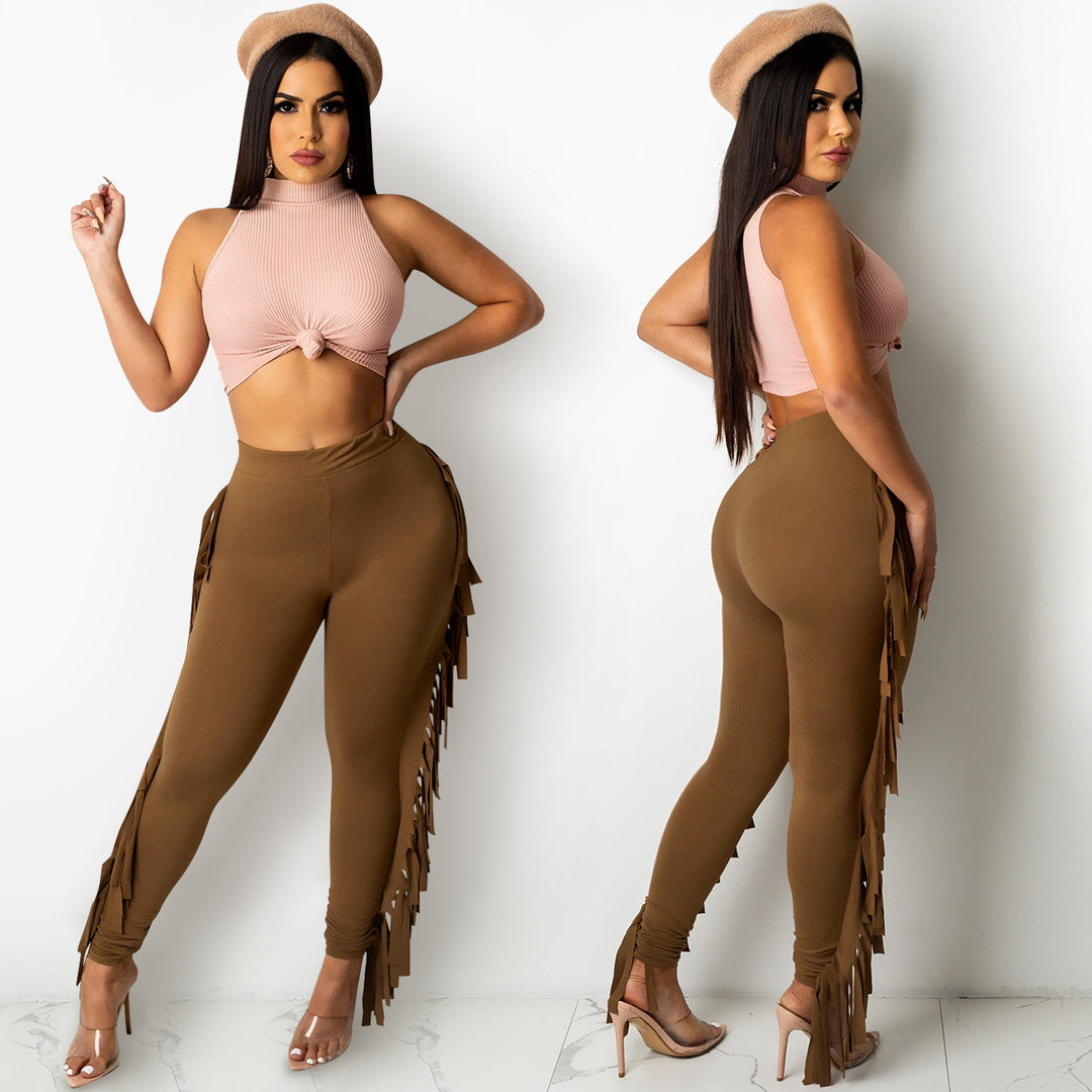 Dame Figurtilpassede High-Waist Leggings med frynser og elastisk talje Stilla