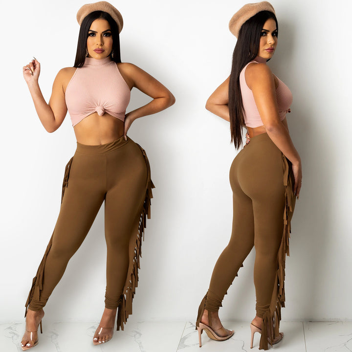 Dame Figurtilpassede High-Waist Leggings med frynser og elastisk talje Stilla