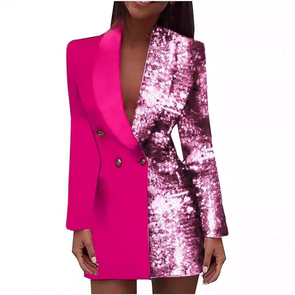 Kvinders Glamourøse Blazer Kjole med Glitrende Effekt og Dyb U-Hals
