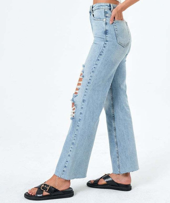 Dame High-Waist Jeans med fashionabelt Destroyed-elementer Stilla