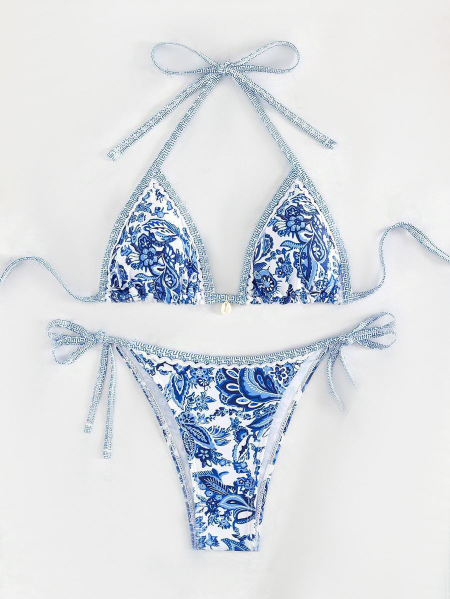Dame Triangel-Bikini-Sæt med justerbare bindebånd og blomstermotiv Skovae