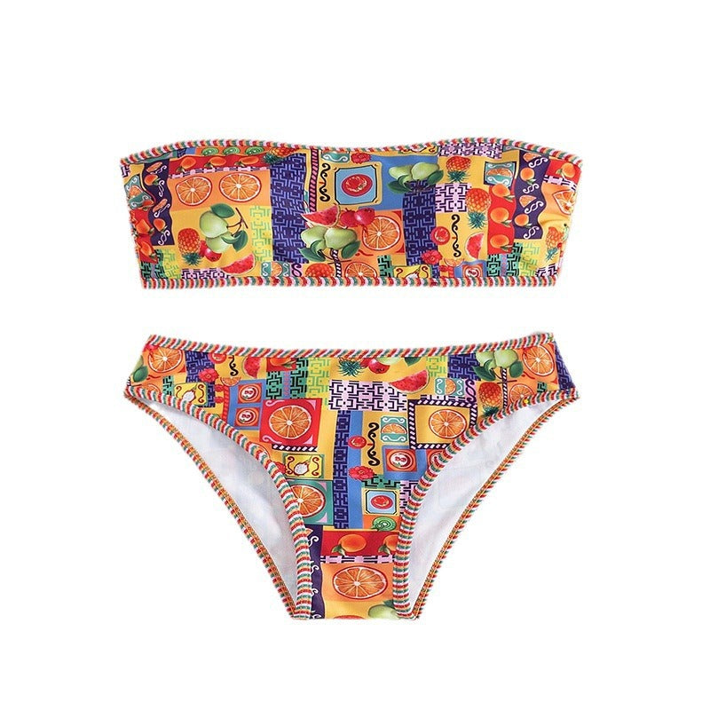 Dame bandeau bikini med frugtmønster og dekorative kontrastsyninger Skovae