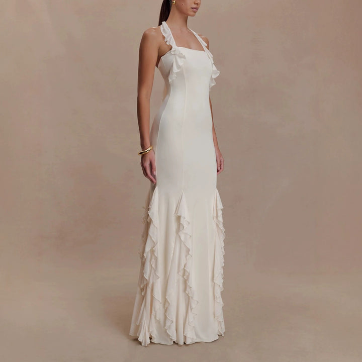 Dame Elegant Langærmet Maxikjole med Ruffles Detaljer Skovae