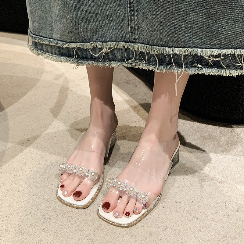 Dame Elegant Åbne Tå Mules med Perle Detaljer Stilla