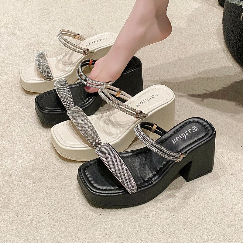 Damer Chunky Hæle Slide Sandaler med Rhinestones Rem-Detalje Stilla