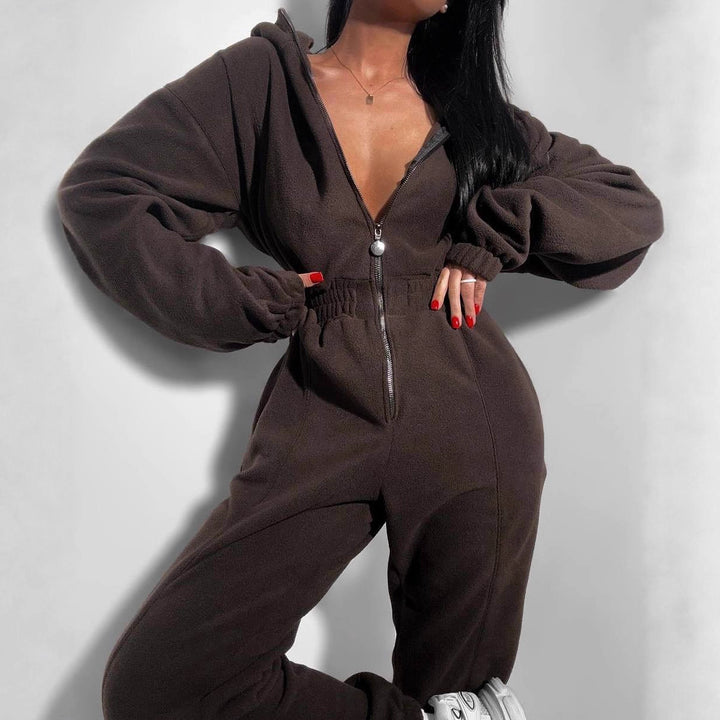 Damerne hyggelige fleece jumpsuit med dyb V-hals og fuld længde lynlås Skovae