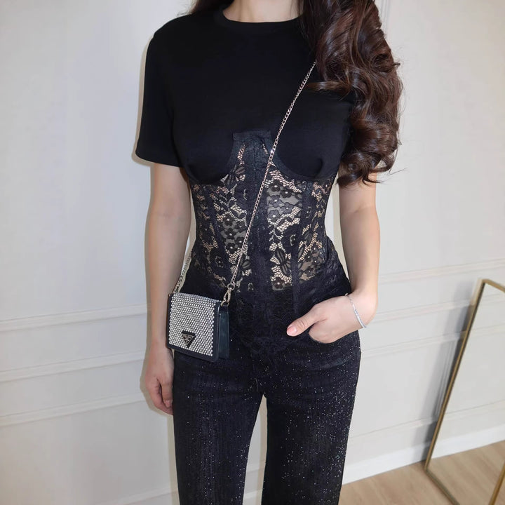 Dame nan T-shirt med indsat spidse korsetter og konturær bøjlesøm Skovae