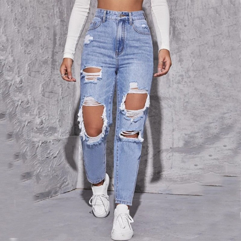 Dame High-Waist Ødelagte Jeans i moderne Relaxed-Fit-stil Stilla