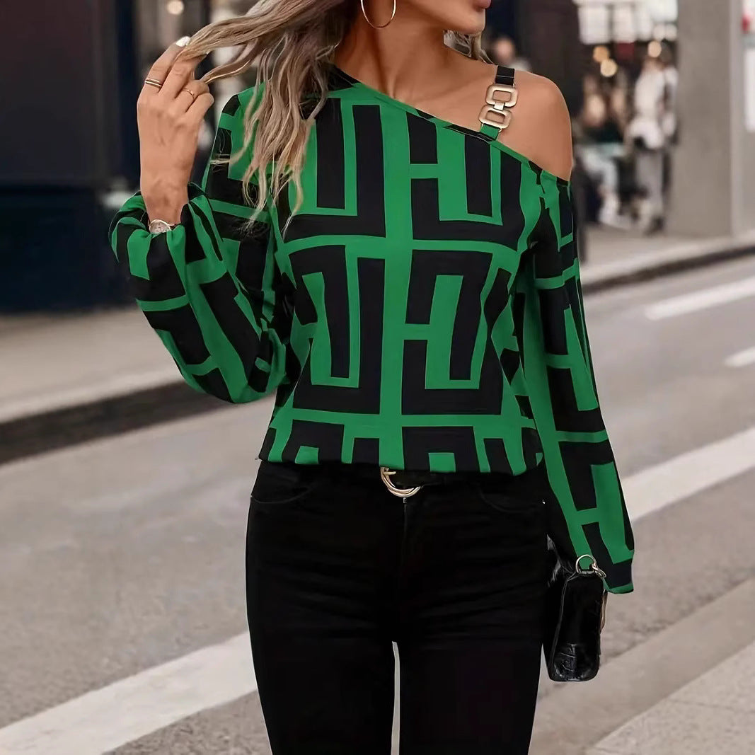 Dame Off-Shoulder Bluse med grafisk mønster og elegante detaljer Stilla