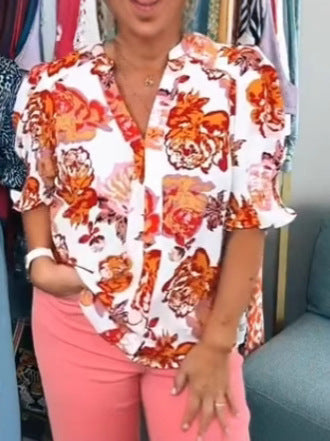 Dame kortærmet bluse med blomster rynker Stilla
