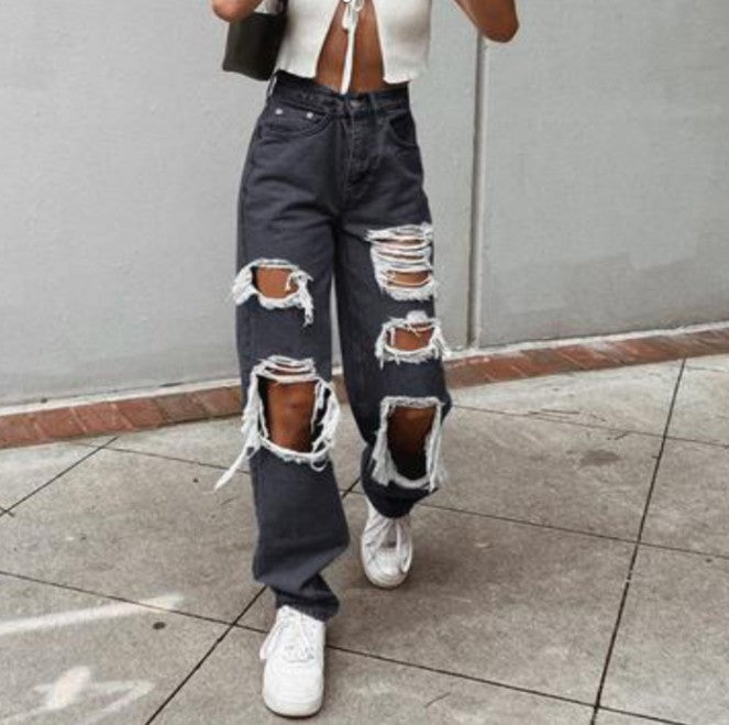 Dame Revnet Baggy-Jeans med afslappet stil og flåede detaljer Stilla
