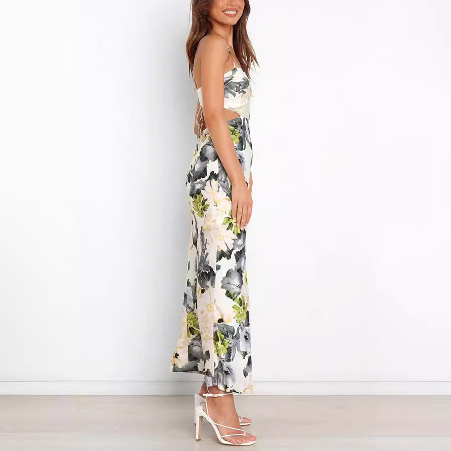 Dame Maxikjole med smalle stropper og floral snit Stilla