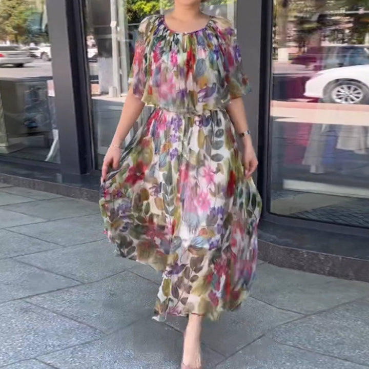 Dame Maxikjole med blomster-chiffon overdel og elastisk talje Stilla