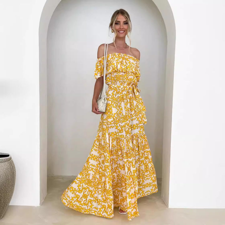 Dame Off-Shoulder Maxikjole med volumetrisk flæsedesign og elastisk talje Stilla