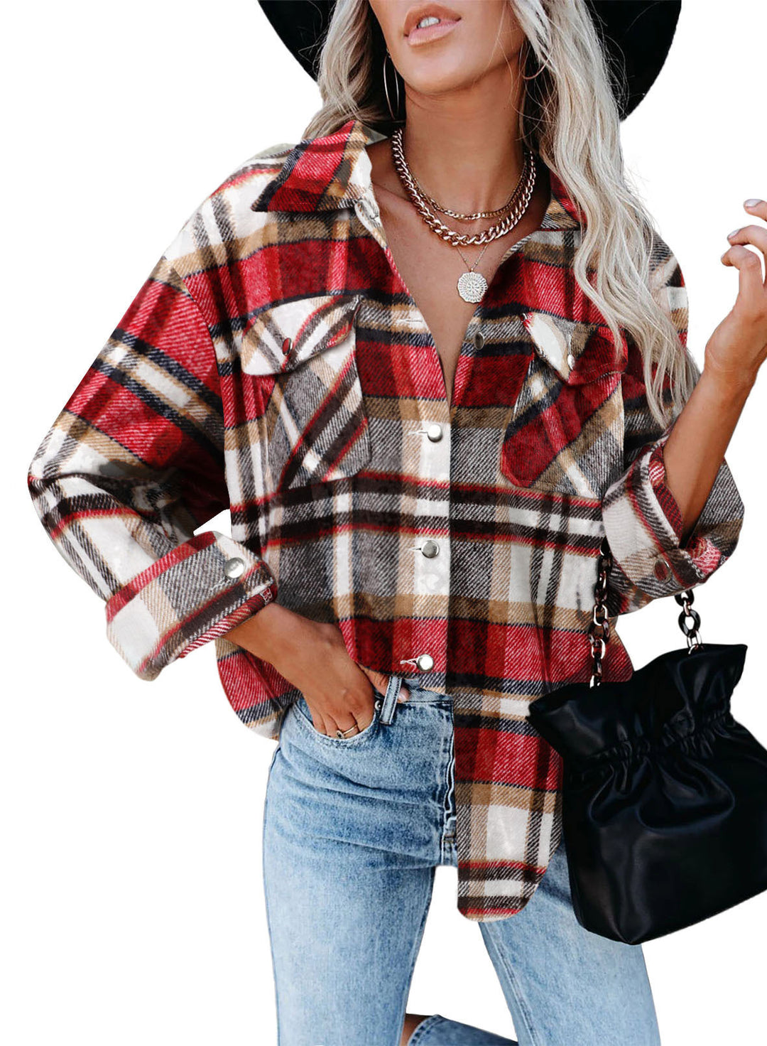 Dame Karo-Skjortejakke i oversized stil med trykknaplukning Stilla