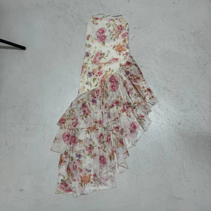 Dame maxikjole med floral flæsemønster og stropløs design Skovae