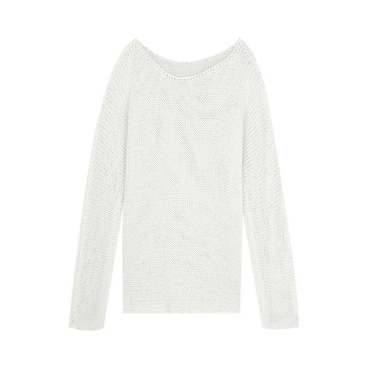 Dame afslappet strikpullover med bred rund halsudskæring og fin netstruktur Stilla