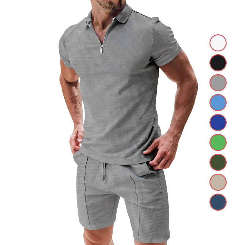 Herren nan sportives Poloshirt- og Chino-short-sæt med halvmidlertidig lynlås, struktureret jersey og diskret press fold Skovae
