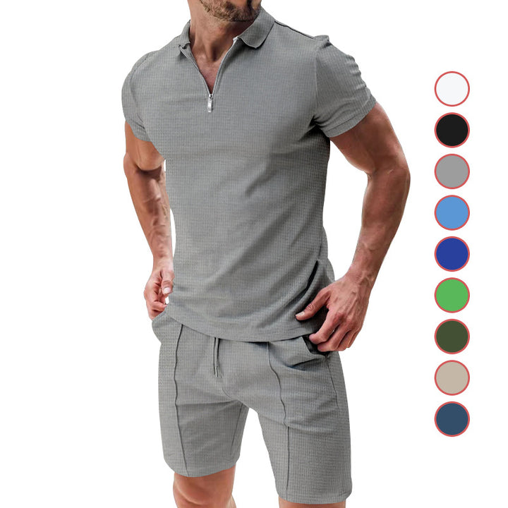 Herren nan sportives Poloshirt- og Chino-short-sæt med halvmidlertidig lynlås, struktureret jersey og diskret press fold Skovae