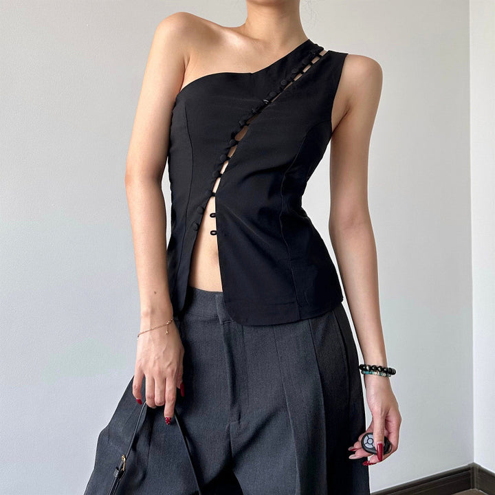 Damer asymmetrisk bluse skjorte med knapdetaljer Skovae