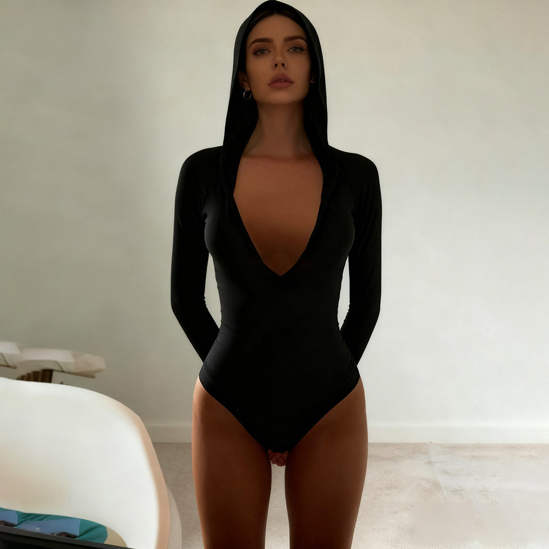 Dame langærmet bodystocking med hætte og dyb V-udskæring Skovae