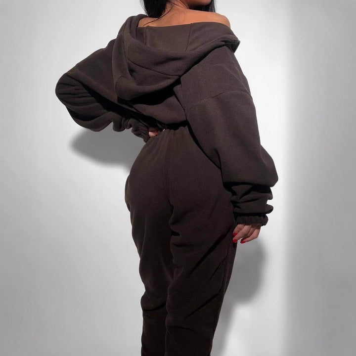 Damerne hyggelige fleece jumpsuit med dyb V-hals og fuld længde lynlås Skovae