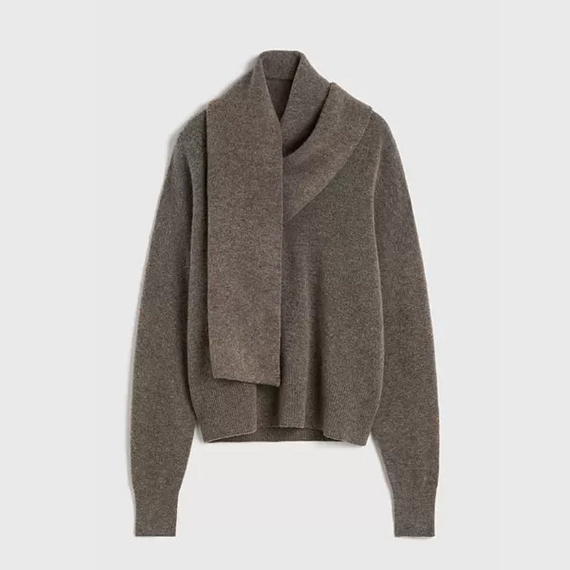 Dame elegant strikpullover med smart krave og integreret tørklæde Stilla