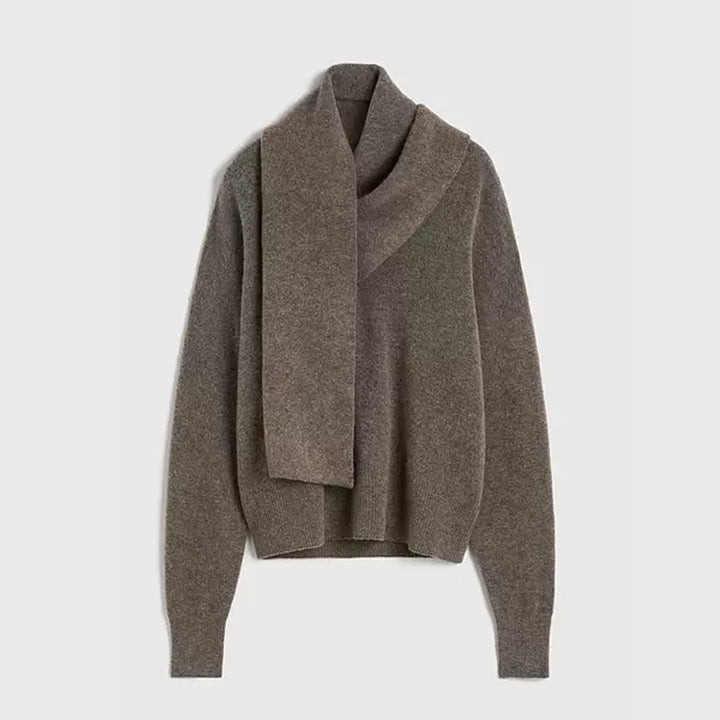 Dame elegant strikpullover med smart krave og integreret tørklæde Stilla
