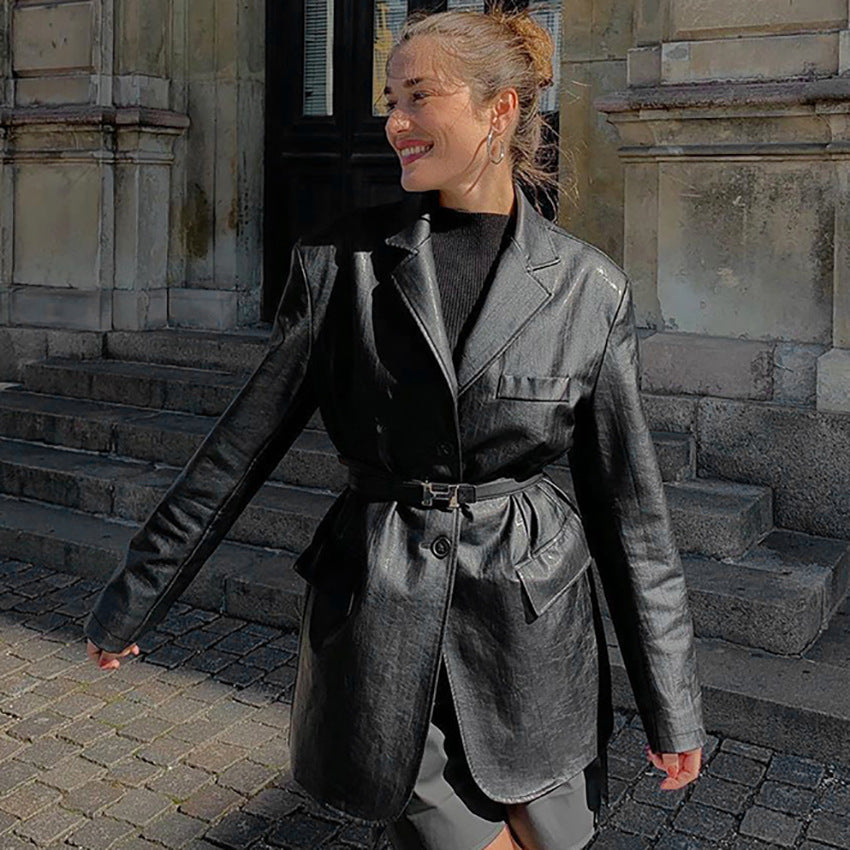 Dame Kunstlæder Blazer med figursyet snit og bælte Stilla