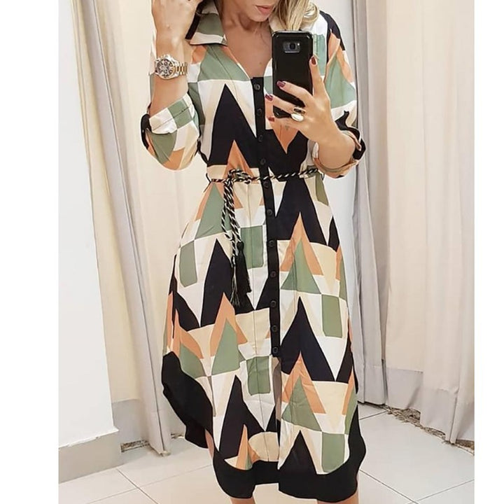 Dame Stribet Button-Up Midi Kjole med Bælte-Detalje Stilla
