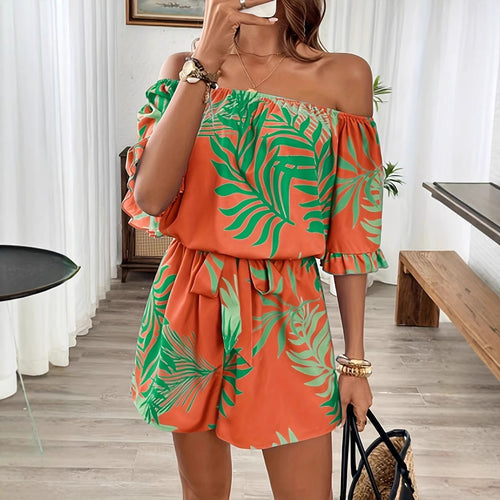 Dame Off-Shoulder Kort jumpsuit med tropisk print Stilla