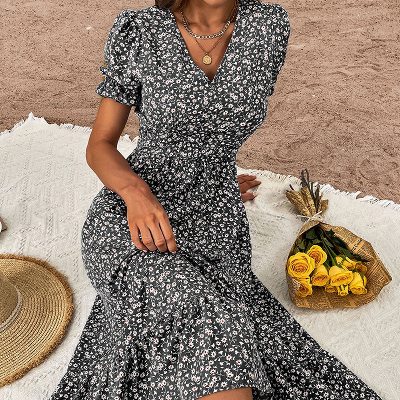 Dame Floral Print Viskestofkjole med Flæsekanter Stilla